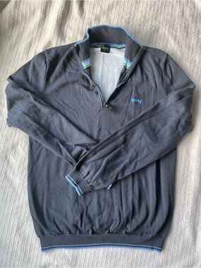 Boss Men's Dark Navy Half-Zip Sweater with Light Blue Trim